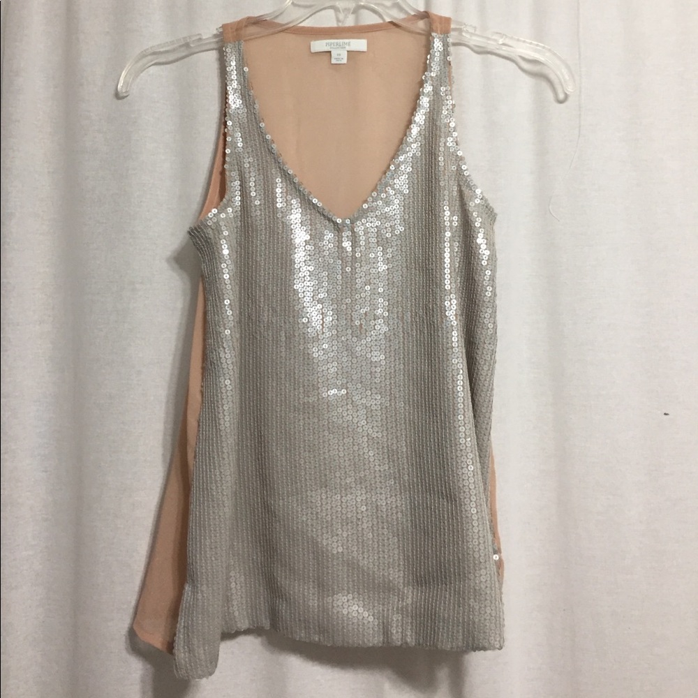 Piperlime Sheer & Sequins V Neck Tank