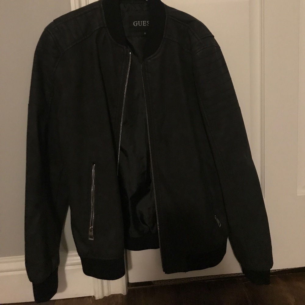 Black leather bomber jacket