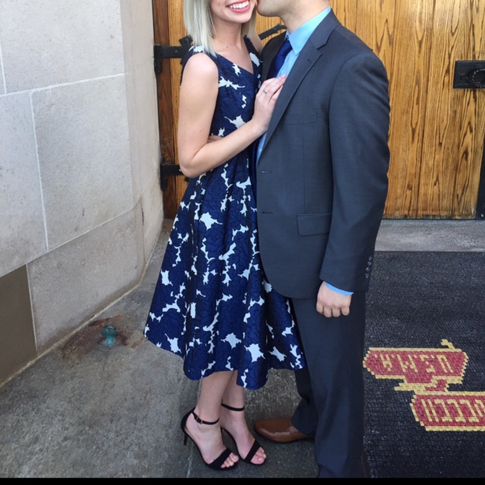 Navy Adrianna Papell floral Jacquard midi dress