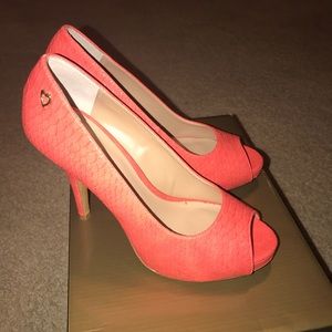 Coral peep toe heels