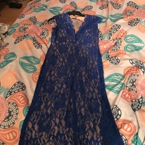 Blue lace evening gown