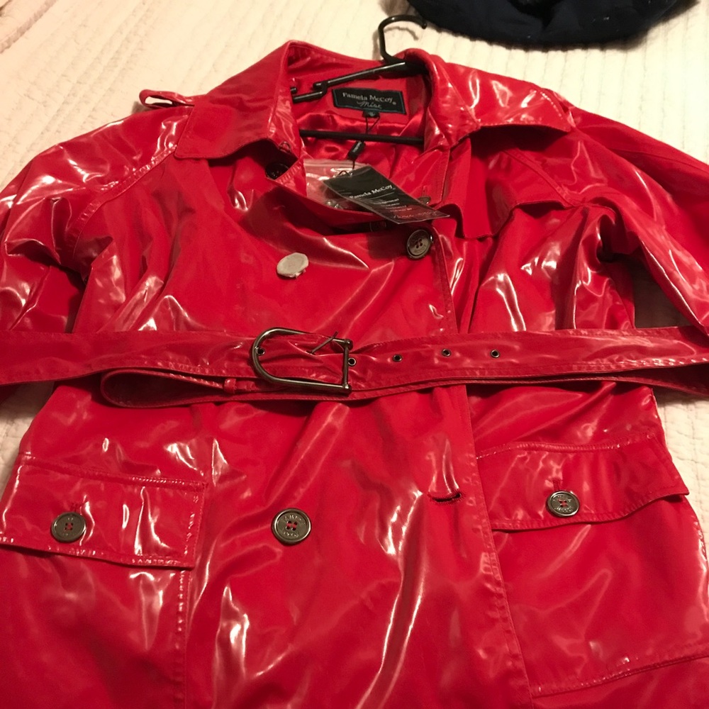 Red rain coat a belt