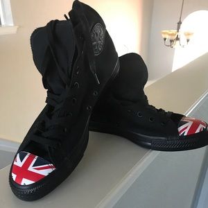 Converse Black high tops with UK flag on the toe.
