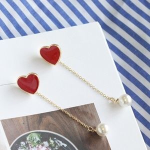 Versatile Red Heart Gold Long White Pearl Earrings