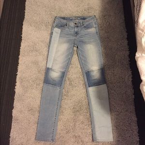 AE light wash patch style skinny jeans