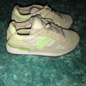 Saucony green and tan