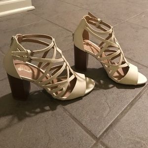 White strappy cut out chunky heels