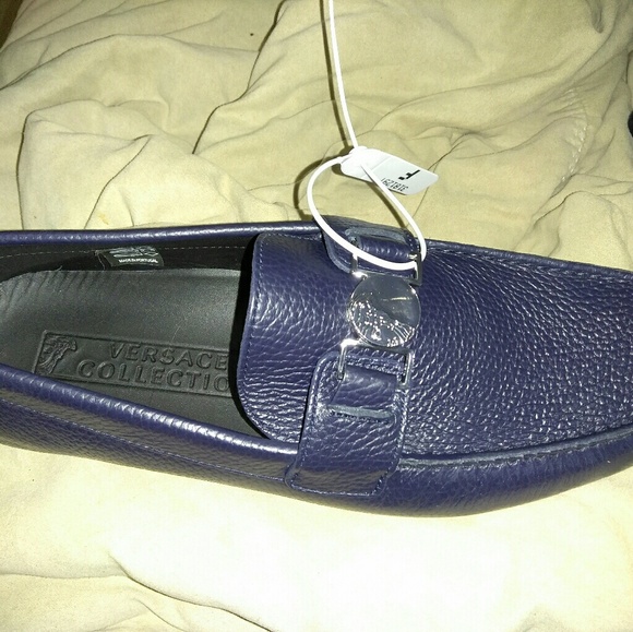 VERSACE MENS BLUE/NIKEL LOAFERS SZ42