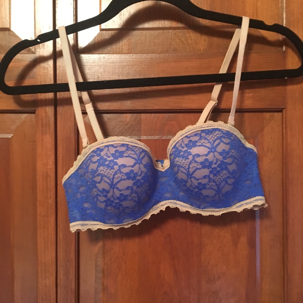 Blue lace overlay bra
