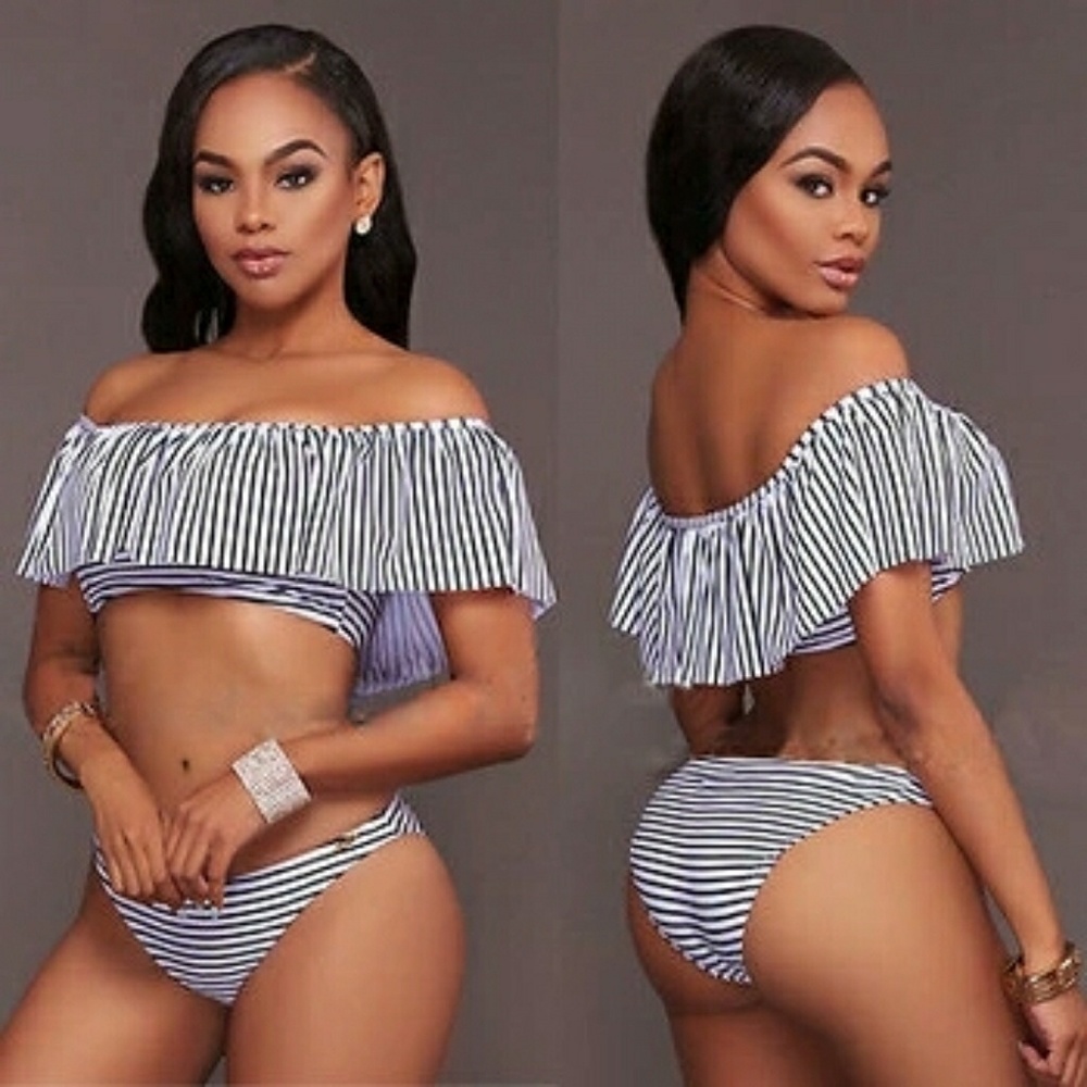 Striped ruffle off the shoulder ruffle bikini set