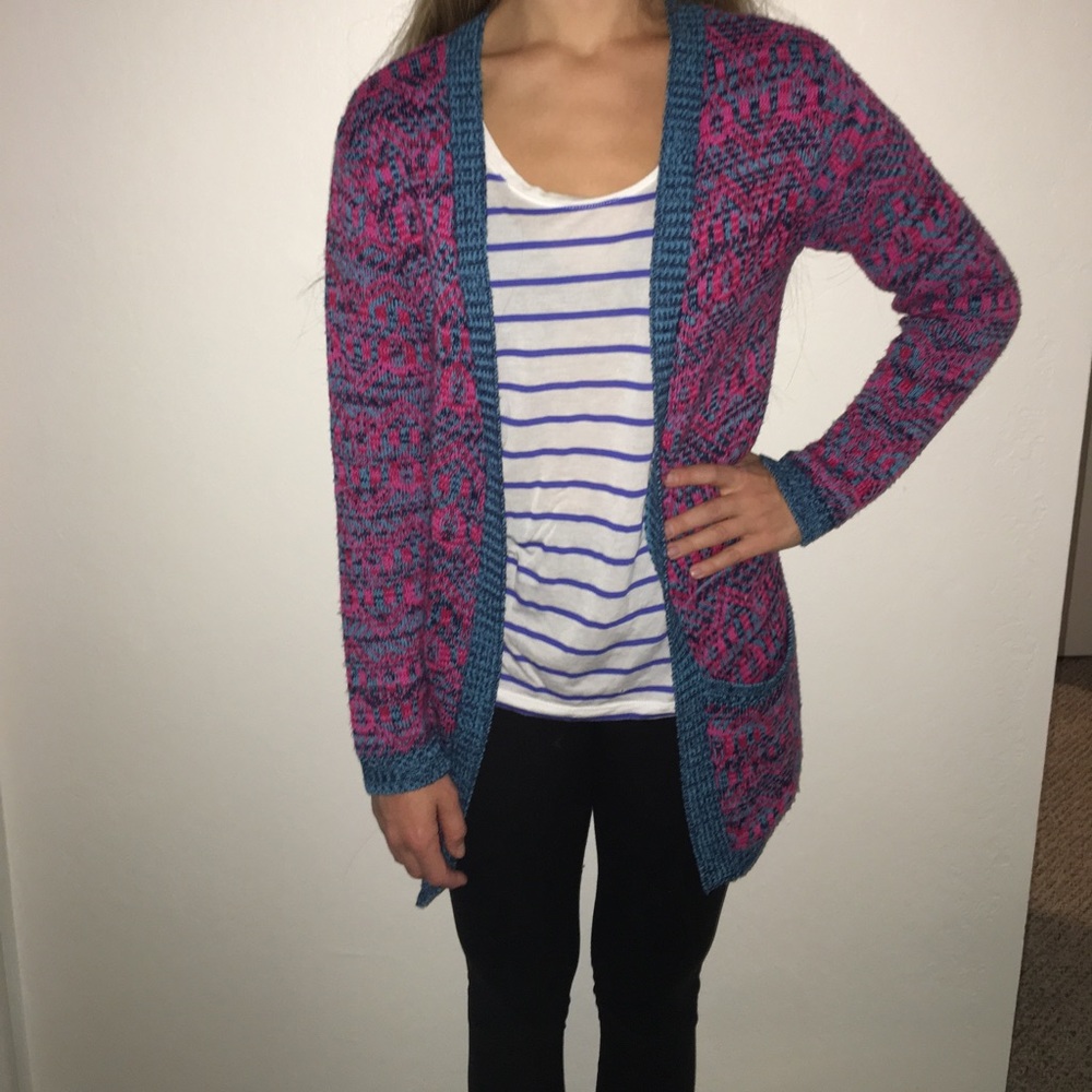 Pink & turquoise cardigan w/2 front pockets