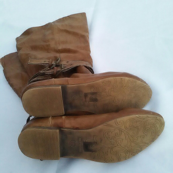 Caramel/Tan Suede Slouch Wedge Cowgirl Slug Riding Boots Forever 21 Knee-High - Picture 4 of 8