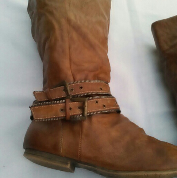 Caramel/Tan Suede Slouch Wedge Cowgirl Slug Riding Boots Forever 21 Knee-High - Picture 7 of 8
