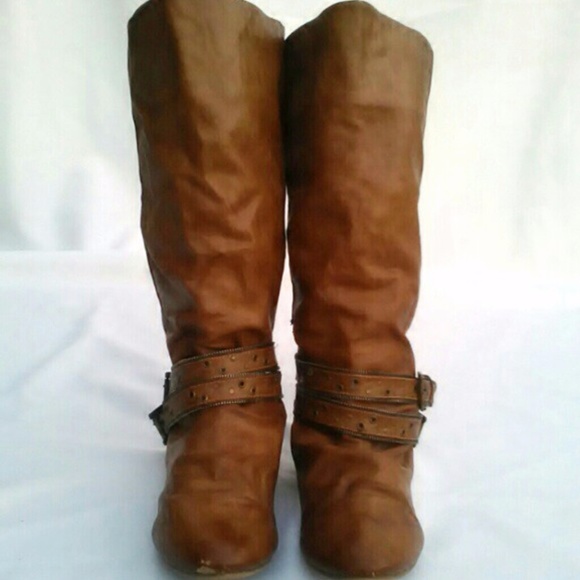 Caramel/Tan Suede Slouch Wedge Cowgirl Slug Riding Boots Forever 21 Knee-High - Picture 3 of 8
