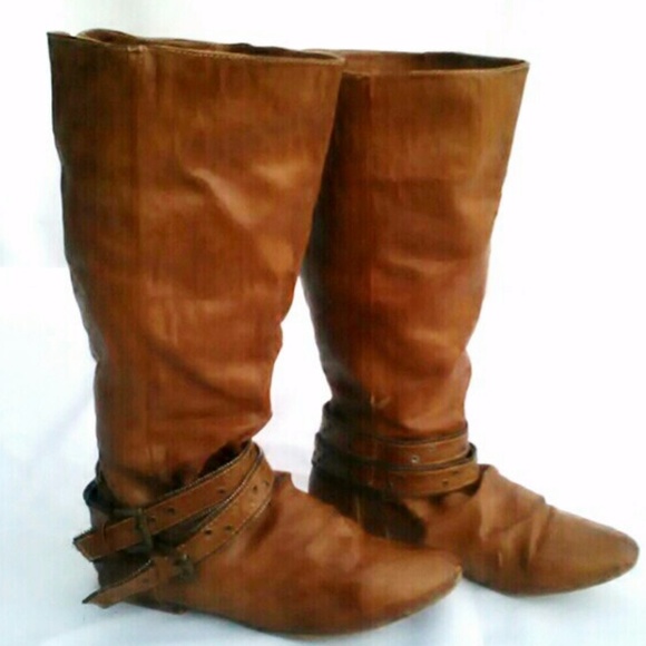 Caramel/Tan Suede Slouch Wedge Cowgirl Slug Riding Boots Forever 21 Knee-High - Picture 2 of 8