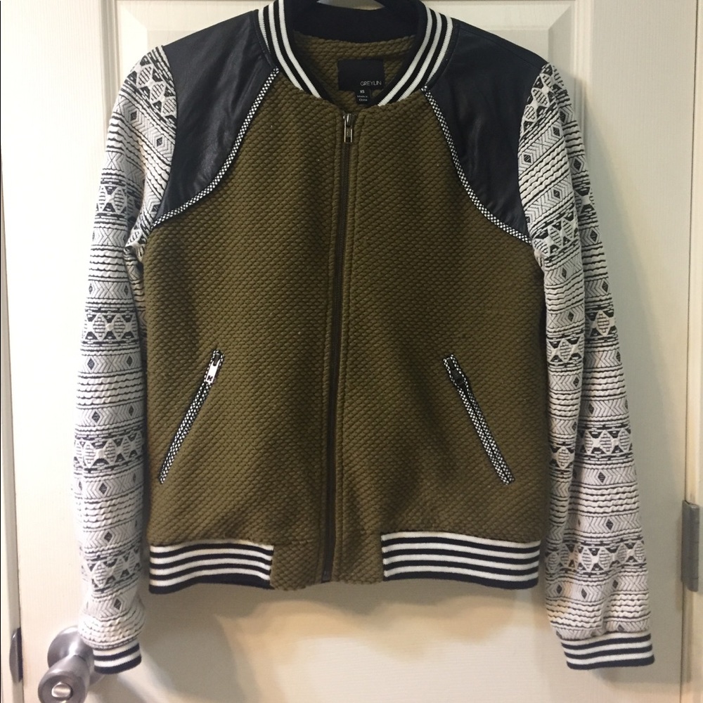 Olive Green Bomber with leather accents