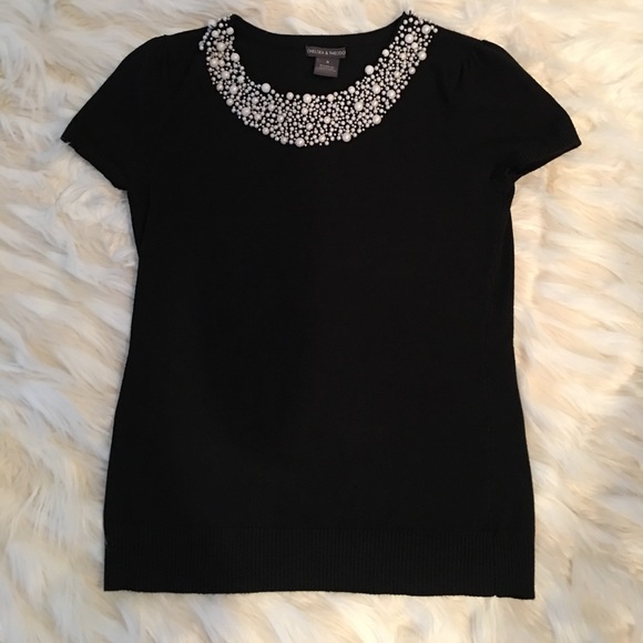 Tops - Short sleeve Soft top w/ beaded pear neckline