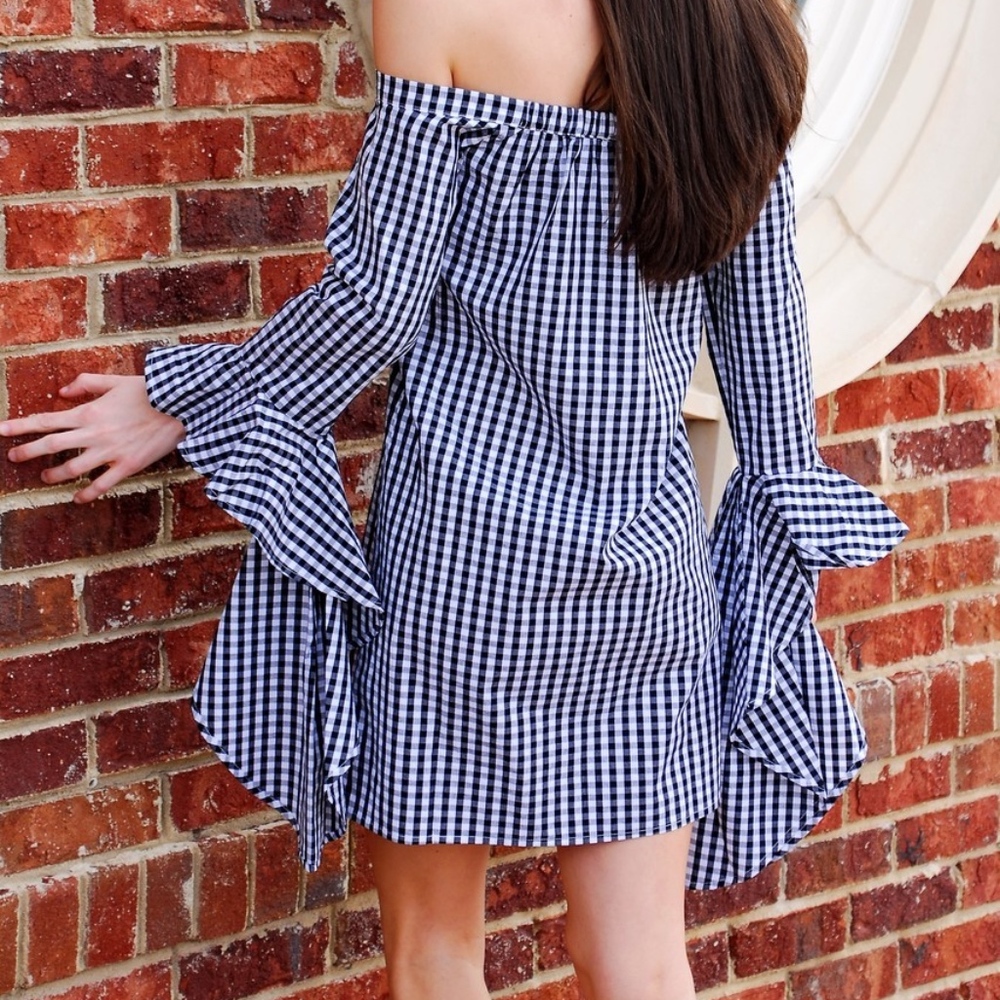 Dance & Marvel-Check off shoulder dress. Sz. Small - Picture 1 of 6