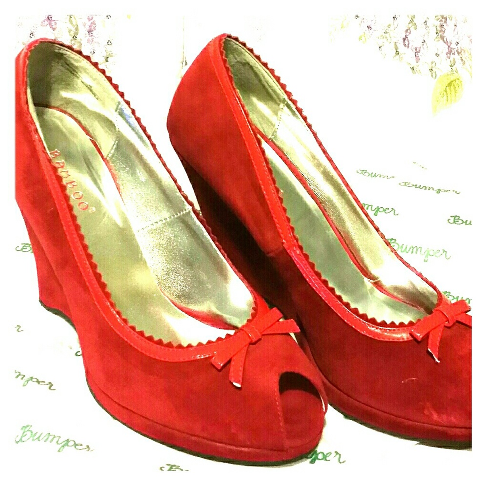 Bamboo Red Suede Peep Toe Wedges