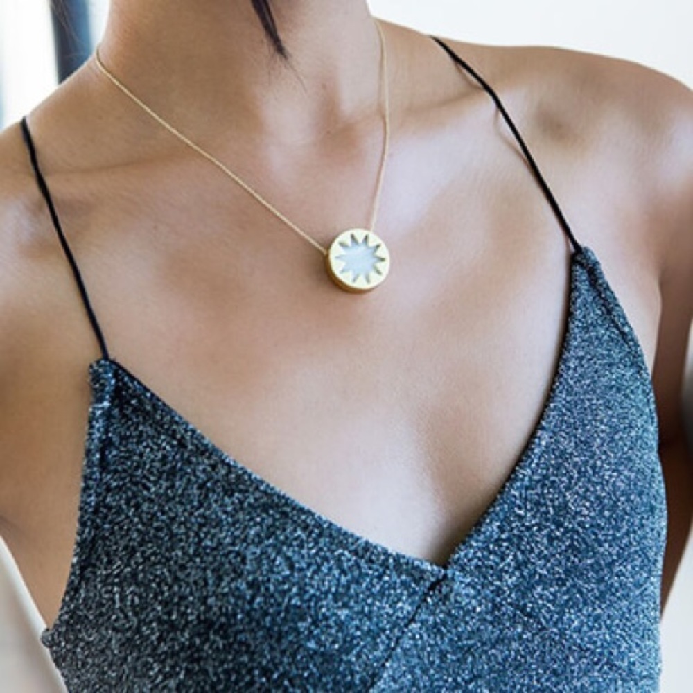 White Leather Mini Sunburst Pendant Necklace