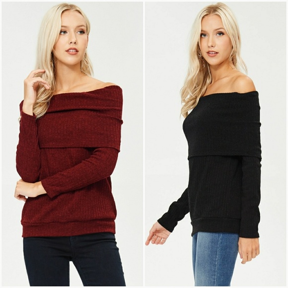 Off The Shoulder Sweater-Burgundy - Picture 2 of 3