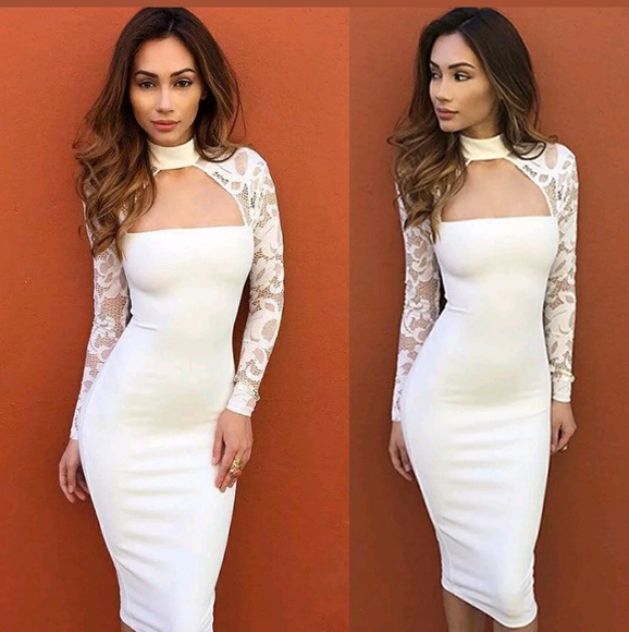 White lace shoulder evening dress