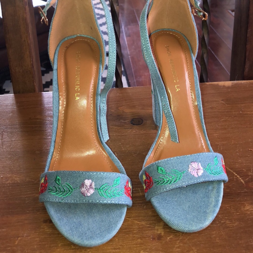 Brand new denim floral heels