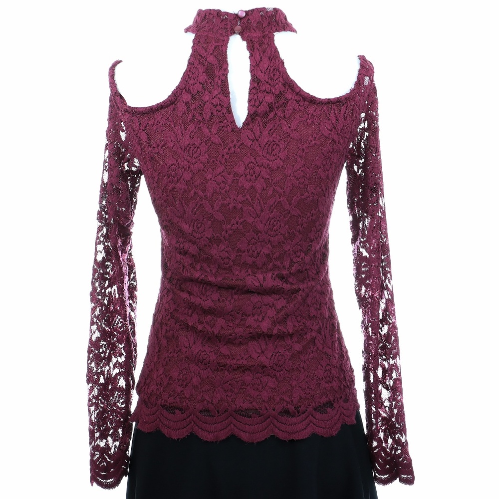 🔥FIRE SALE🔥Burgundy Lace Choker Long Sleeve Top - Picture 6 of 7