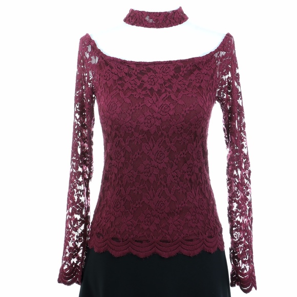 🔥FIRE SALE🔥Burgundy Lace Choker Long Sleeve Top - Picture 2 of 7