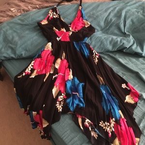 Black floral halter dress with handkerchief hem
