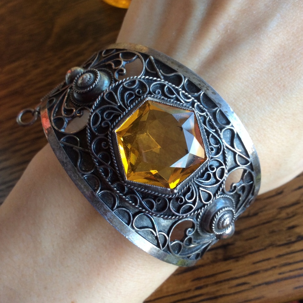 SOLD Vintage Citrine Silver Cuff Bracelet - Picture 1 of 8
