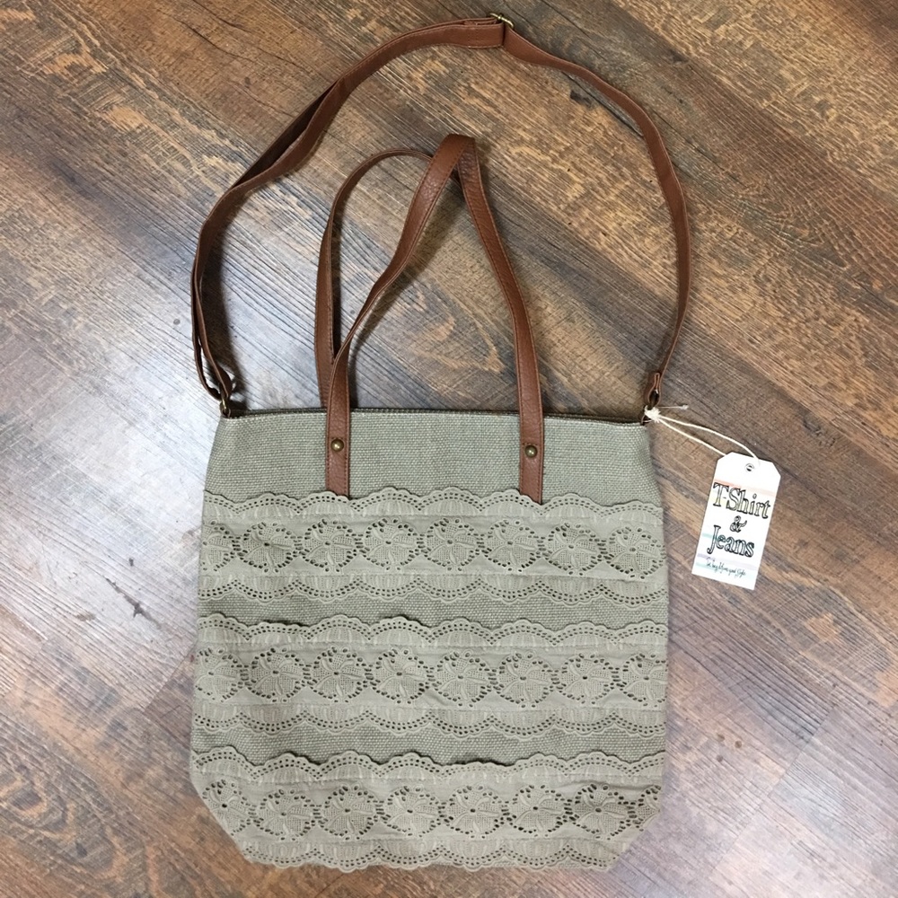 Lace and canvas tote.