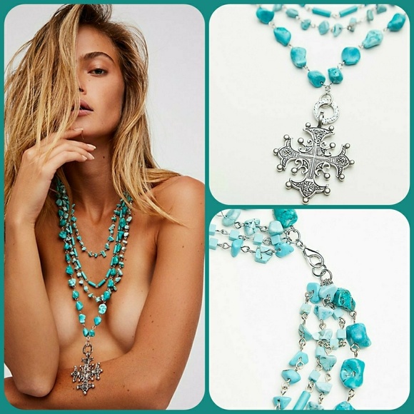 Free People Jewelry - FP Layered Turquoise Beaded Cross Pendant Necklace