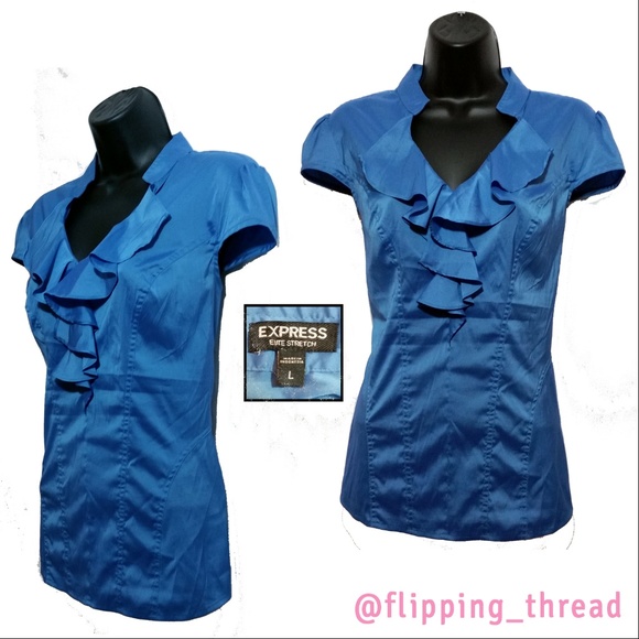 Express Tops - Express Blue Elite Stretch Ruffle Top - Size L