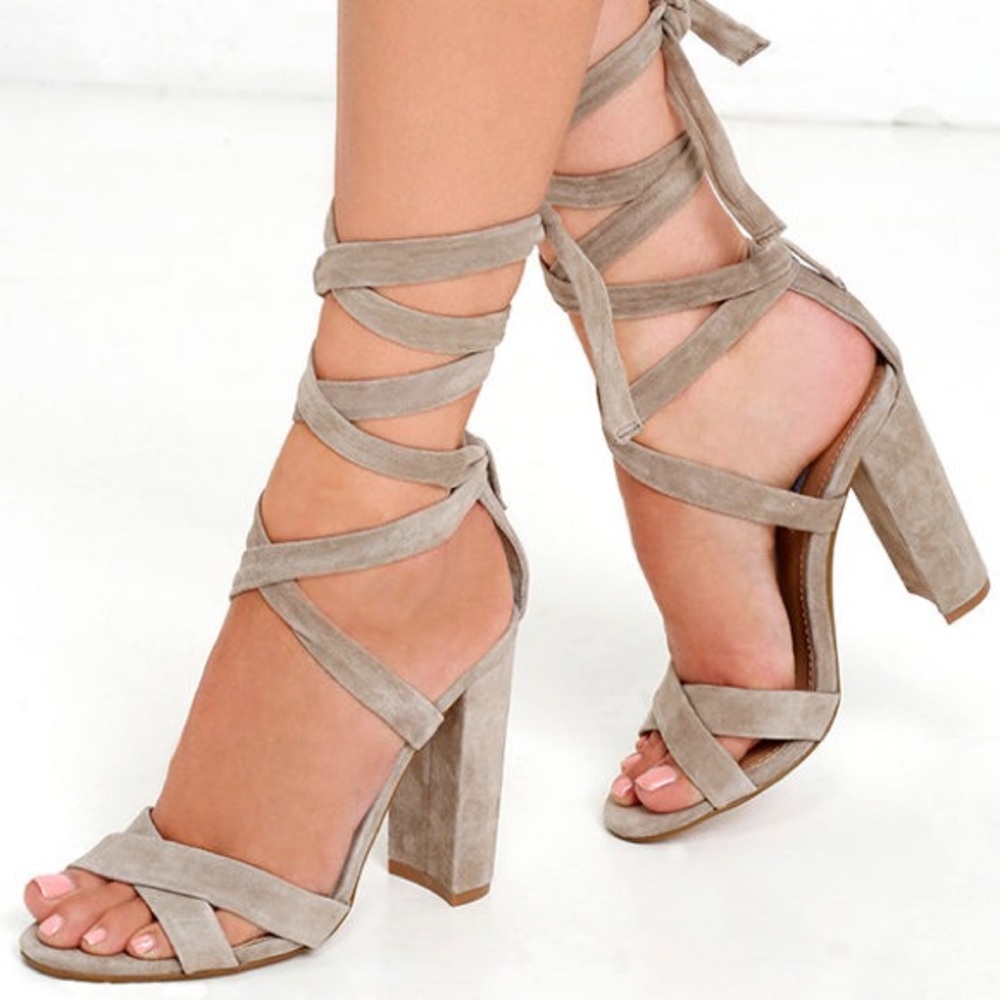 Steve Madden Christey Wrap Sandal Heel Taupe Suede