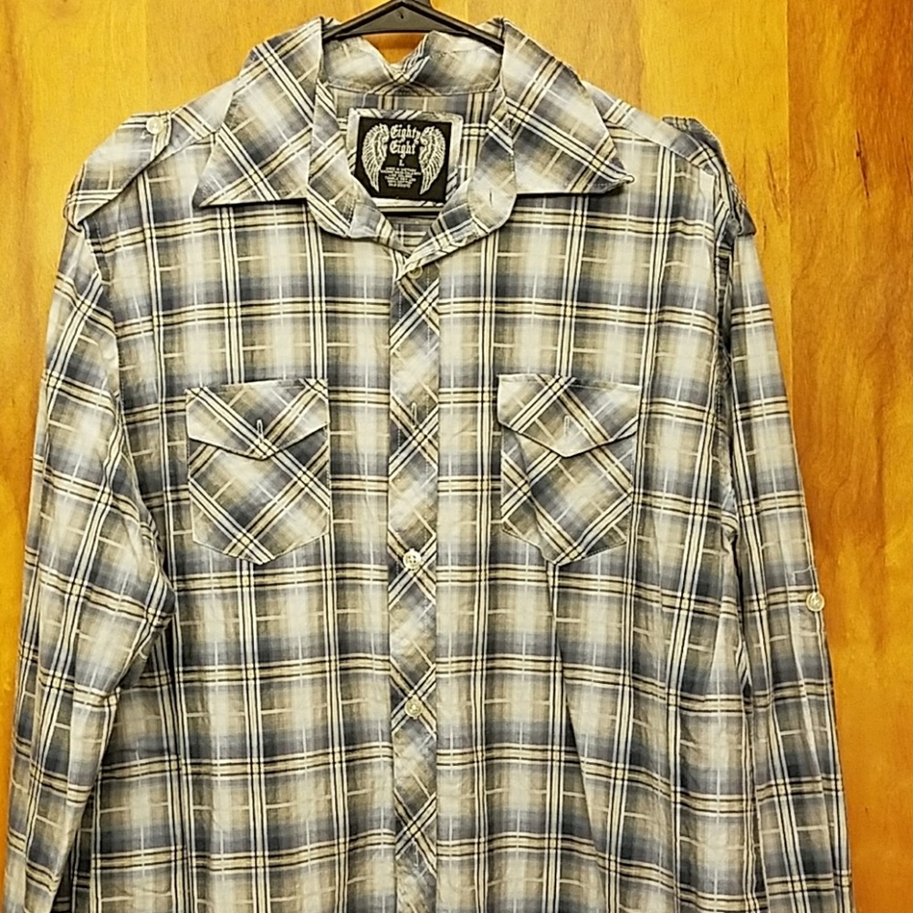 Men's blue tan and white long sleeve button down s