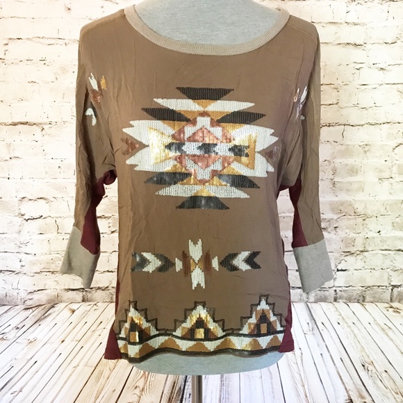 Miss Me Tops - Miss Me Sequin Aztec Half Sleeve Dolman Batwing S