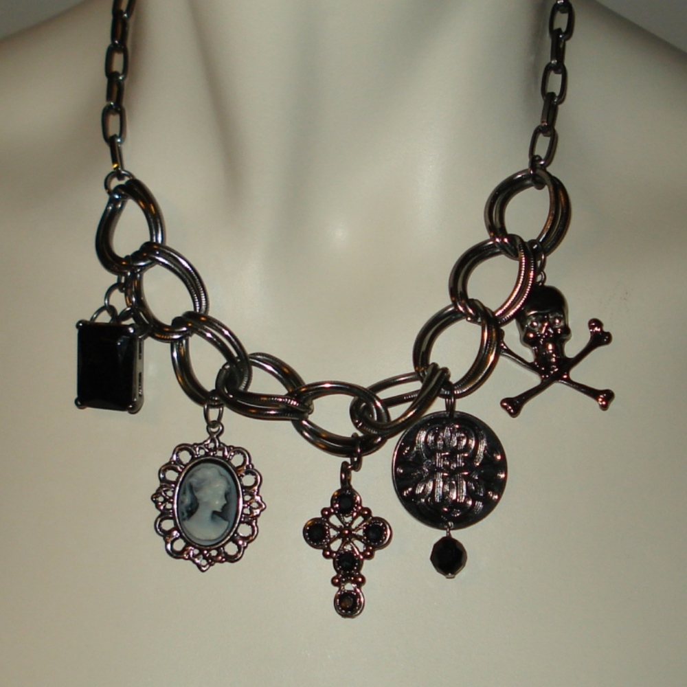 Lady Cameo Skull and Bones Silver Cross Necklace