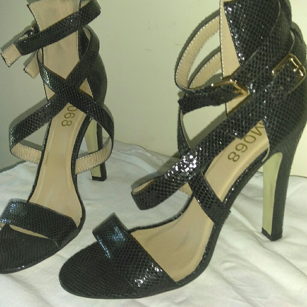 Black faux snakeskin heels