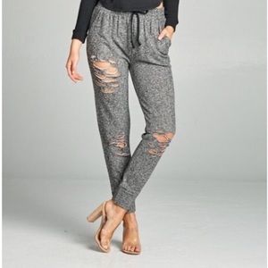 Gray French Terry Distressed Jogger Pants