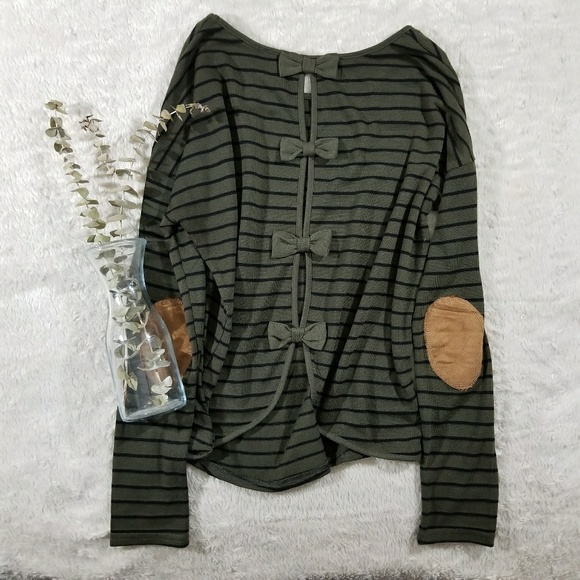 Blu Pepper Sweaters - Blu Pepper Elbow Patches Bow Back Shirt