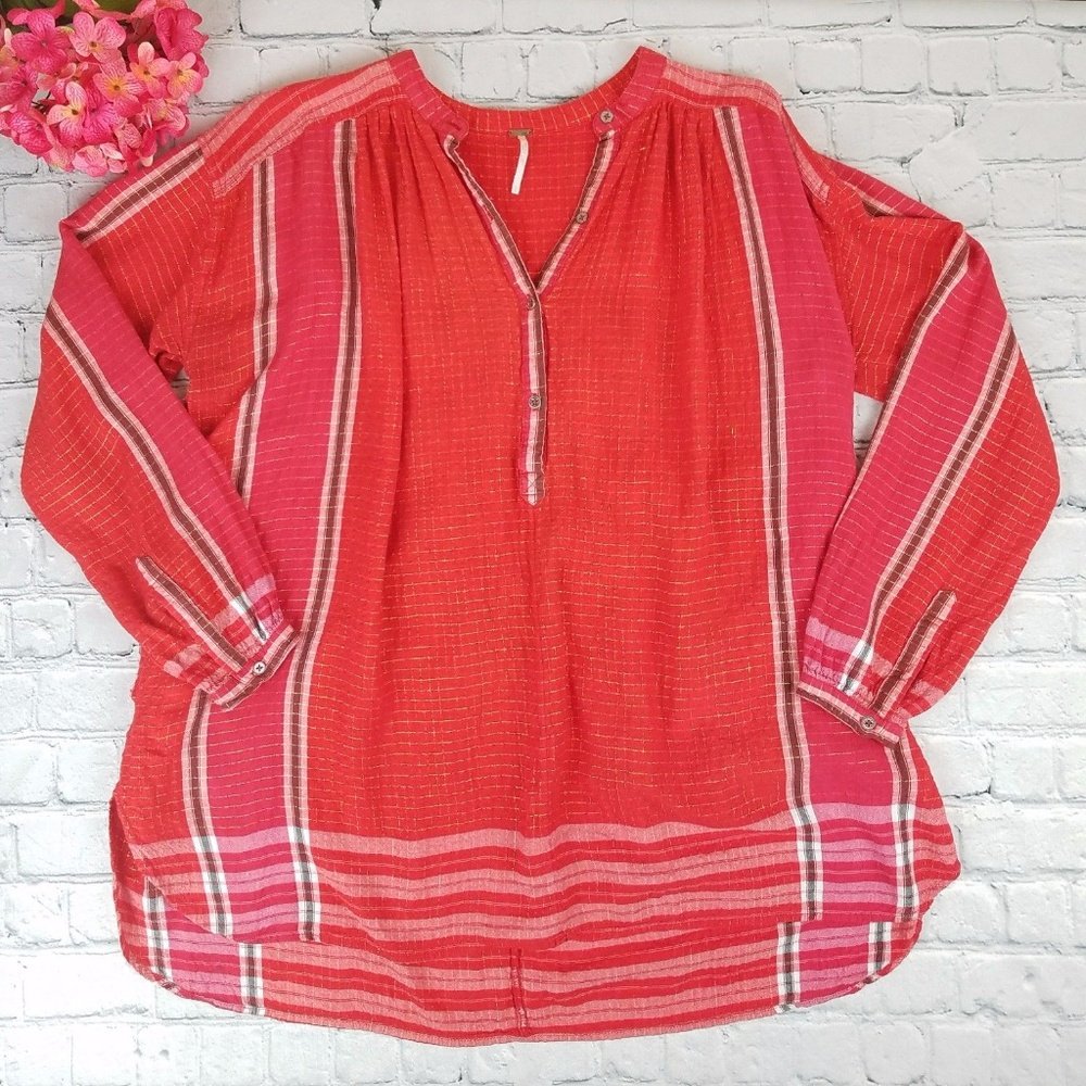 Free-People-Long-Sleeve-Shirt-Size-Small-Red-Pink