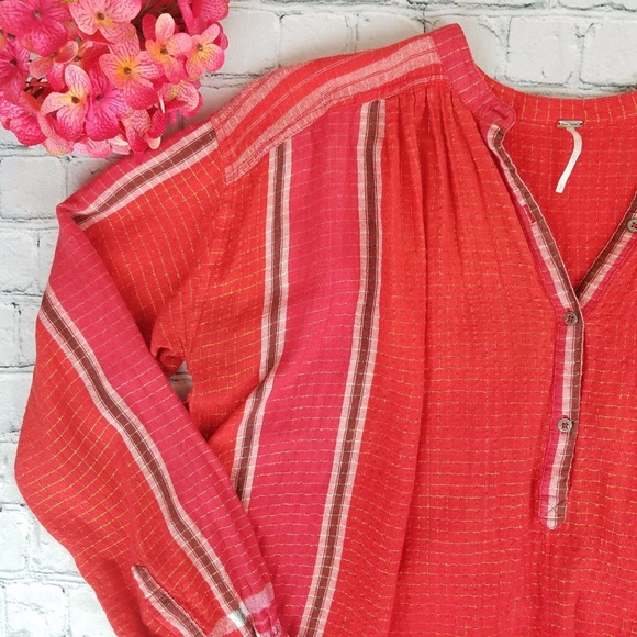 Free-People-Long-Sleeve-Shirt-Size-Small-Red-Pink - Picture 2 of 7