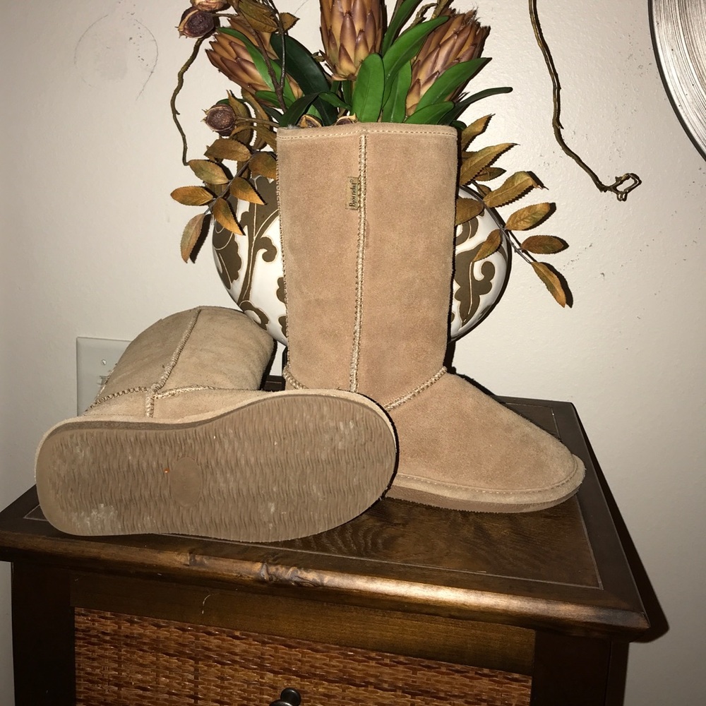 Tan suede slip on boots