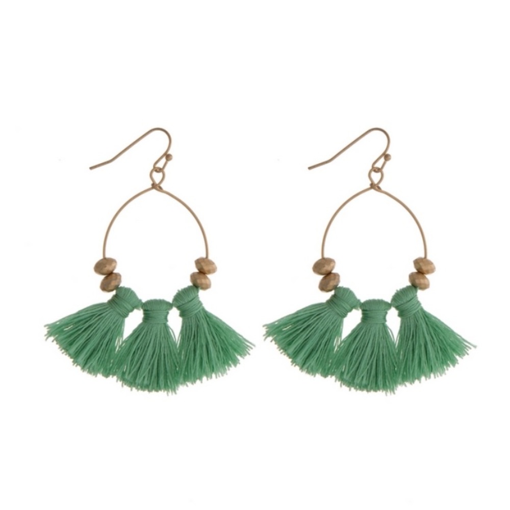 Mint Green & Gold Tassel Earrings in Fan Shape
