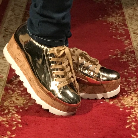 New gold wedge platform sneakers fashion lace up - Picture 2 of 2