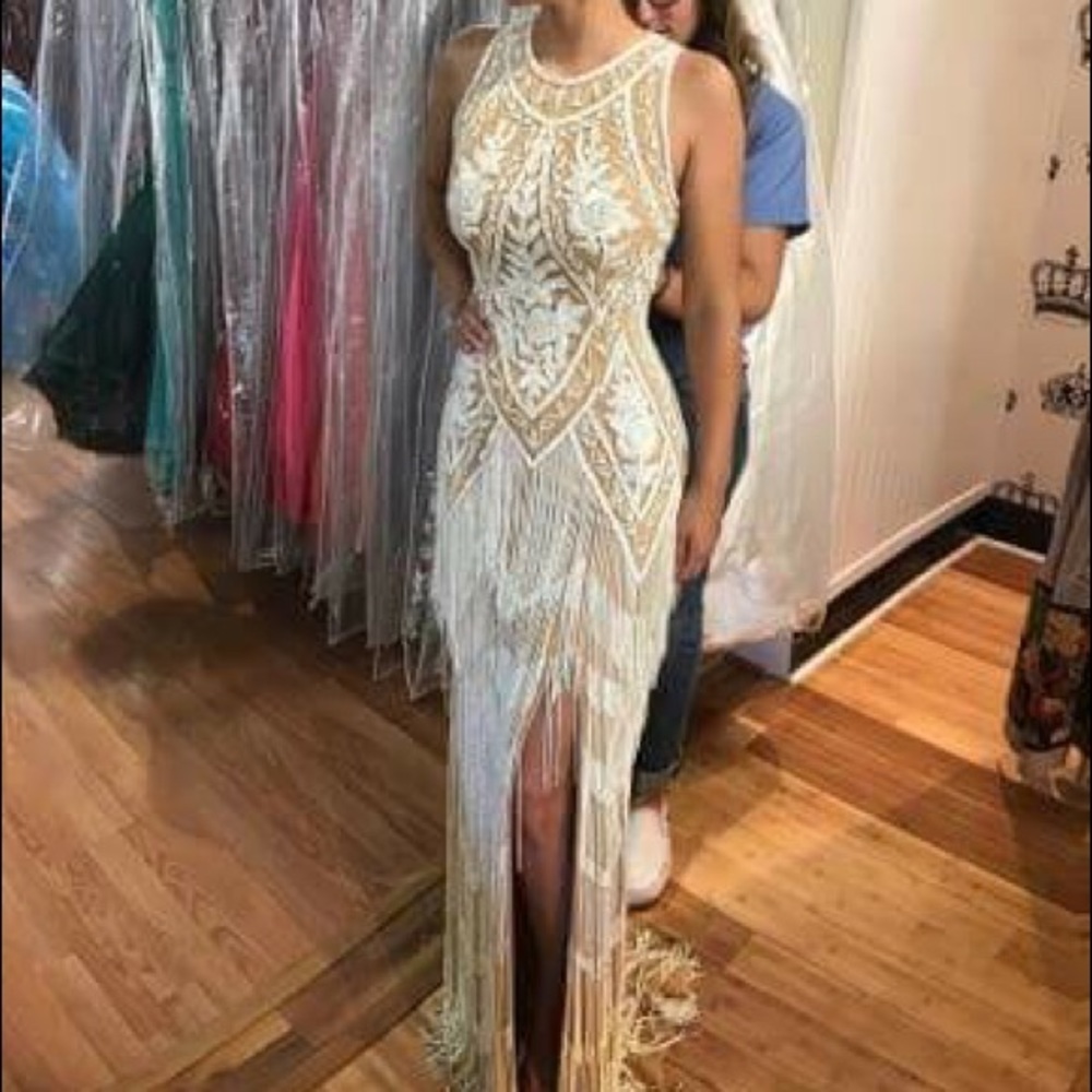 Fully beaded Jovani Couture gown with fringe sz 4