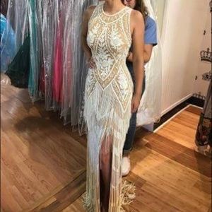 Fully beaded Jovani Couture gown with fringe sz 4