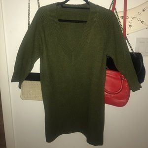 Olive coloured long V neck sweatshirt / dress