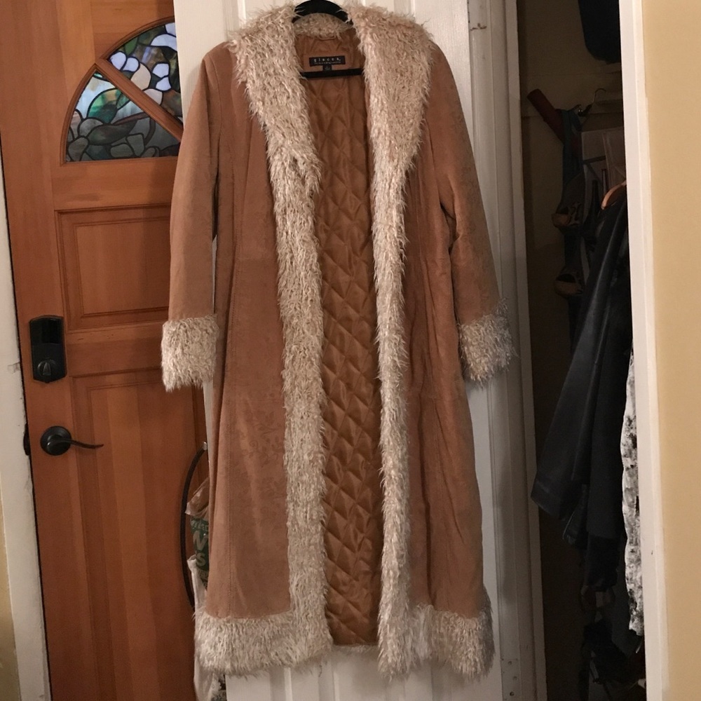 Full length leather jacket with faux fur trim